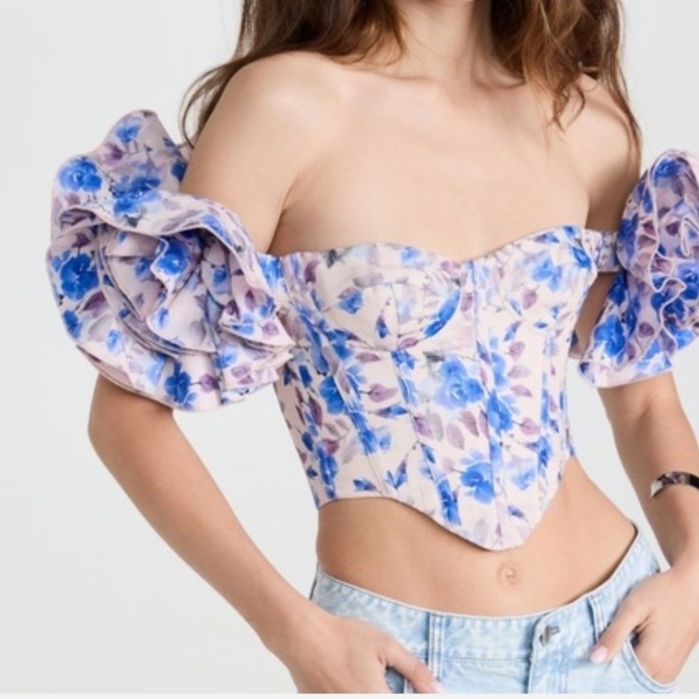 New! BARDOT Sigma Corset Top Womens S Lilac Blue Floral Ruffle Coquettegirl